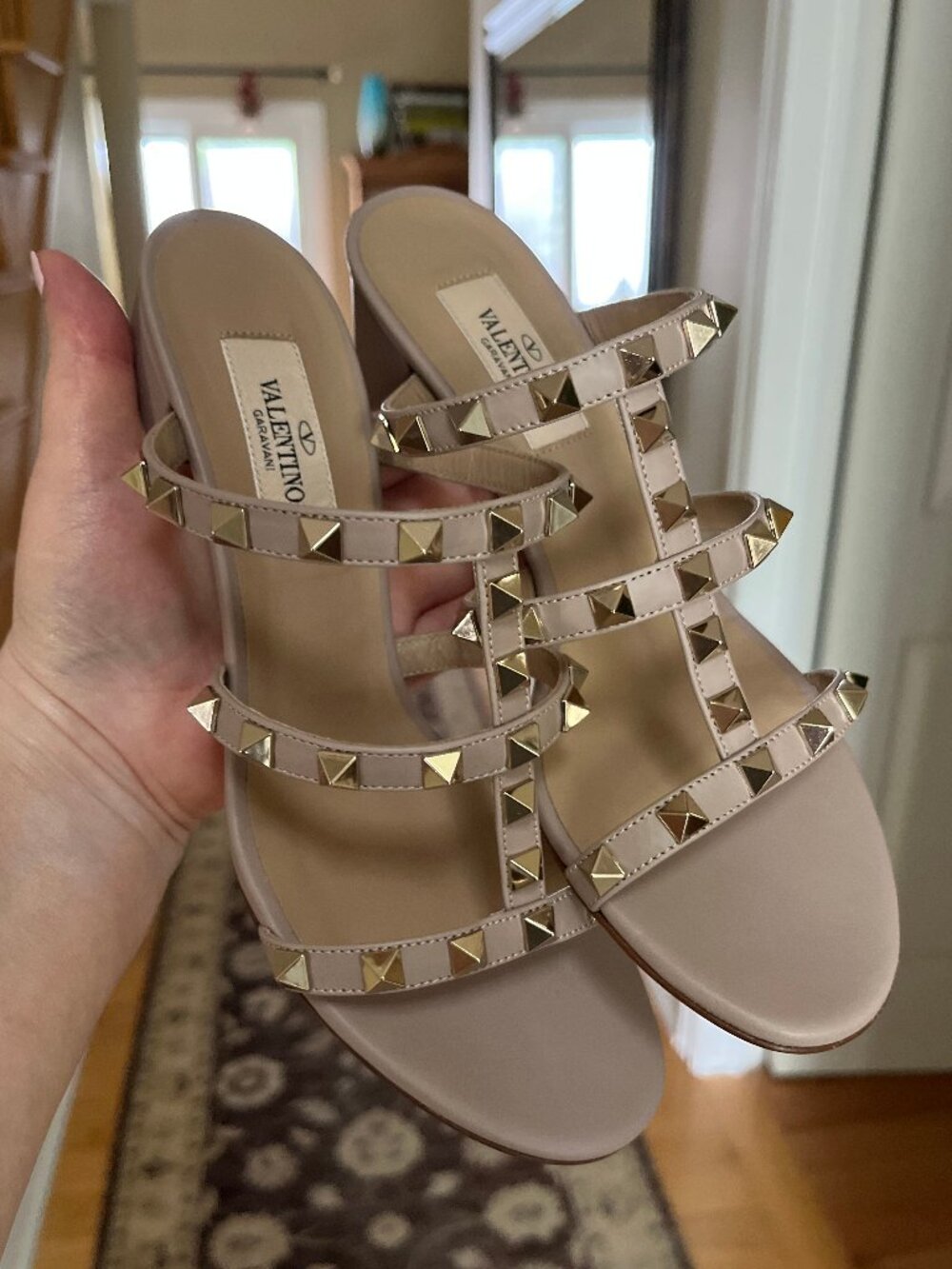 Valentino Garavani Rockstud Leather Slide Sandal 60mm, Poudre sz 36 - Authentic